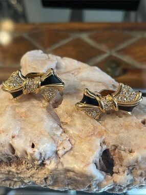 Swarovski Gold Bow Clip-on Earrings with Black and Clear Crystals